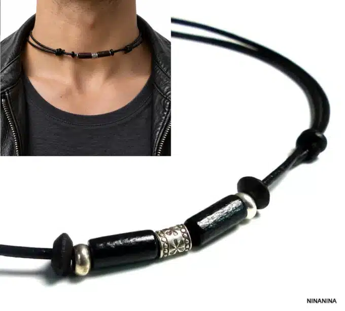 N2779b Collier homme perles tube bois marron cordon cuir - Bijoux colliers hommes en ligne Ninanina