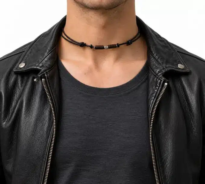 N2779c Collier homme perles tube bois marron cordon cuir - Bijoux colliers hommes en ligne Ninanina