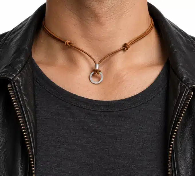 N2780 Collier cuir anneau Argent 925 massif cordon noeuds coulissants - Bijoux colliers hommes en ligne Ninanina