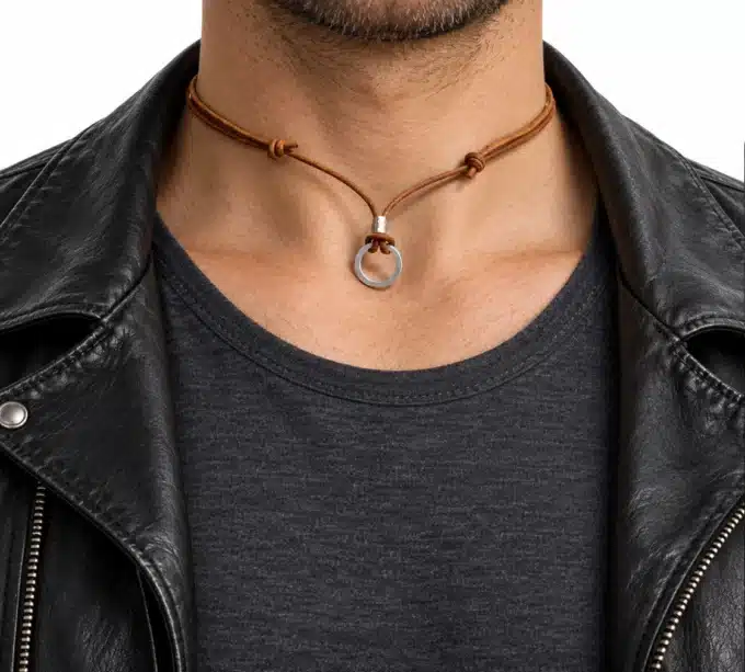N2780a Collier cuir anneau Argent 925 massif cordon noeuds coulissants - Bijoux colliers hommes en ligne Ninanina