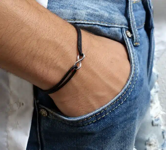N2781 Bracelet infinity homme Argent 925 cordon cuir réglable - Bijoux bracelets hommes en ligne Ninanina