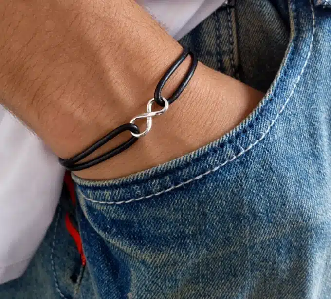 N2781a Bracelet infinity homme Argent 925 cordon cuir réglable - Bijoux bracelets hommes en ligne Ninanina