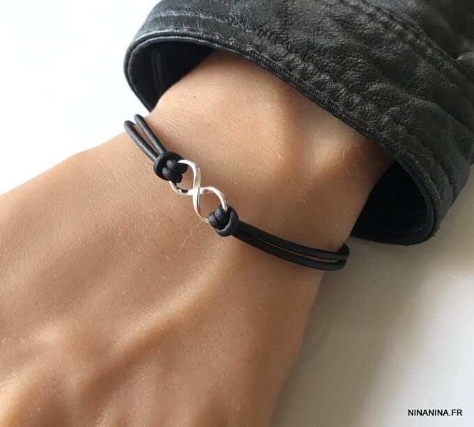 N2782 Bracelet homme infini Argent 925 massif cordon cuir noir - Bijoàux Homme en ligne Ninanina
