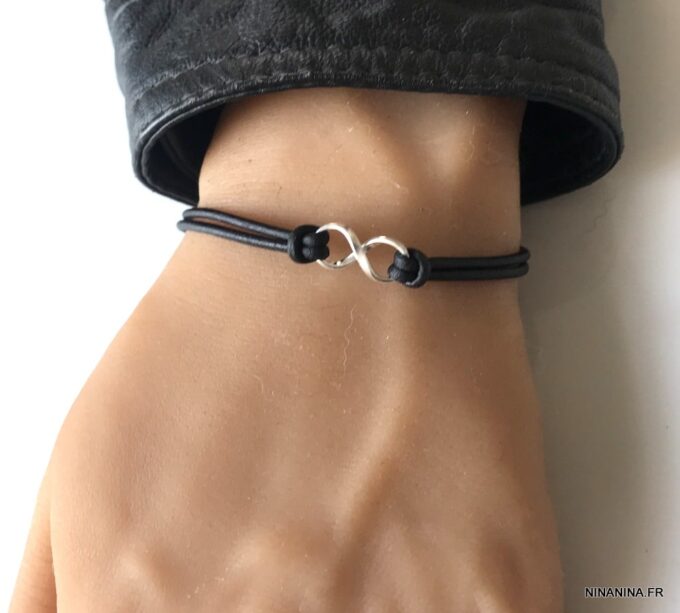 N2782a Bracelet homme infini Argent 925 massif cordon cuir noir - Bijoàux Homme en ligne Ninanina
