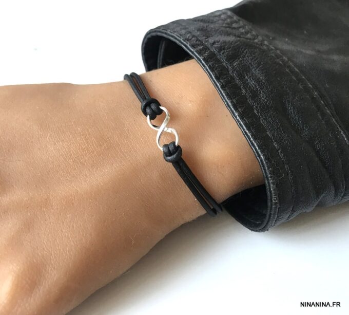N2782b Bracelet homme infini Argent 925 massif cordon cuir noir - Bijoàux Homme en ligne Ninanina