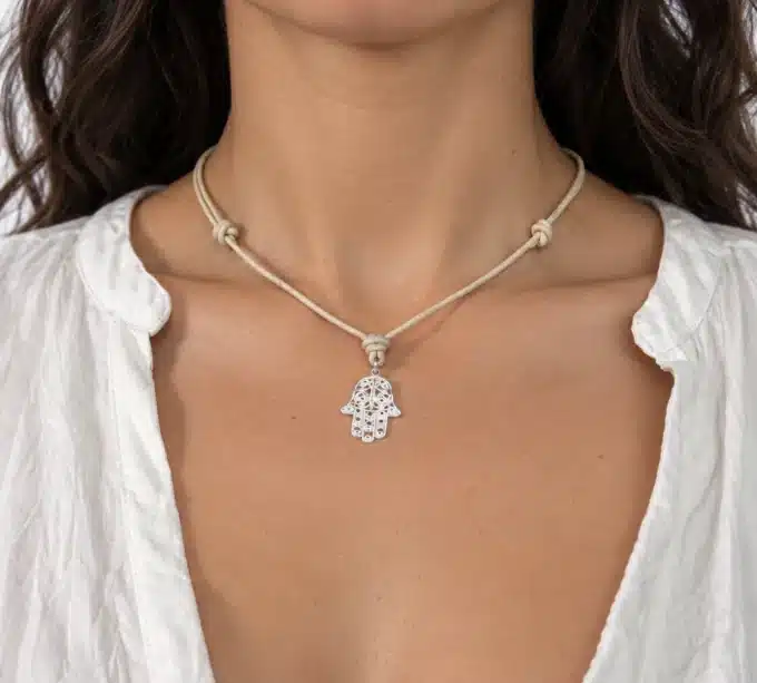 N2783 Collier Main de fatima Argent 925 massif Cordon Cuir réglable - Bijoux coliers cuir en ligne Ninanina