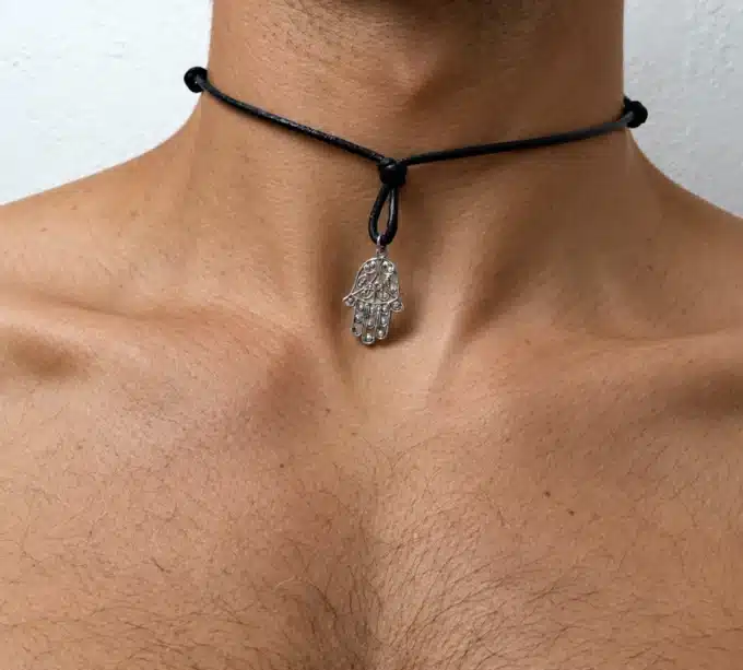 N2783a Collier Main de fatima Argent 925 massif Cordon Cuir réglable - Bijoux coliers cuir en ligne Ninanina