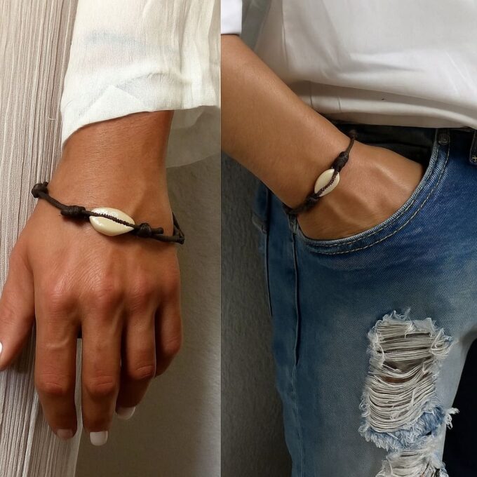 N2787 Bracelet coquillage artisanal homme et femme cauri perles bois cordon coton ciré réglable - Bijoux Bracelets coquillages en ligne Ninanina
