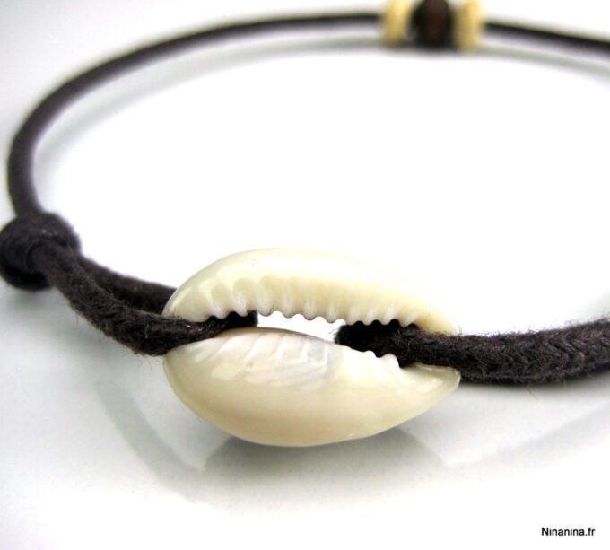 N2788terb bracelet de cheville coquillage et coton ciré