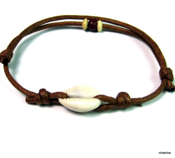 N2788terb bracelet de cheville cordon cuir et coquillage grain de café