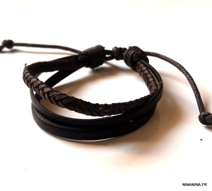 N2810 Bracelet cuir tressé et lisse 3 rangs - Bijoux Bracelets en ligne Ninanina