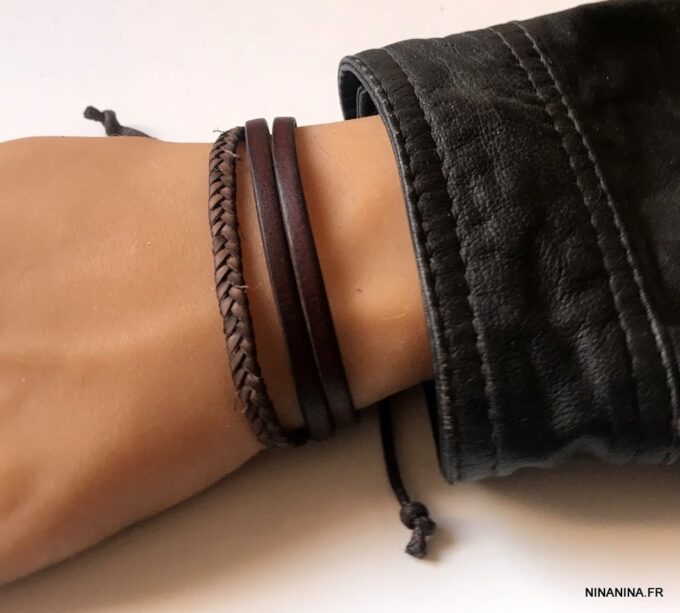 N2810b Bracelet cuir tressé et lisse 3 rangs - Bijoux Bracelets en ligne Ninanina