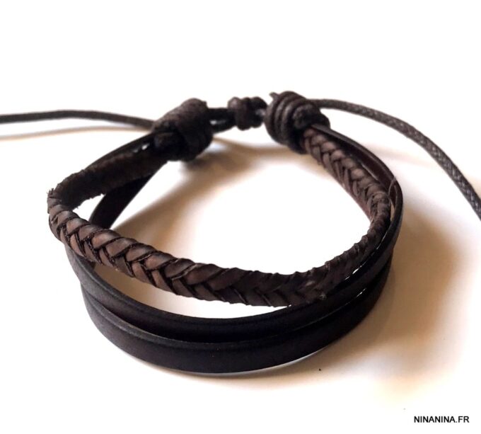 N2810c Bracelet cuir tressé et lisse 3 rangs - Bijoux Bracelets en ligne Ninanina