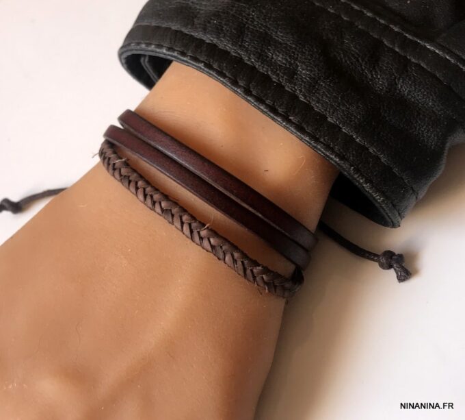 N2810d Bracelet cuir tressé et lisse 3 rangs - Bijoux Bracelets en ligne Ninanina