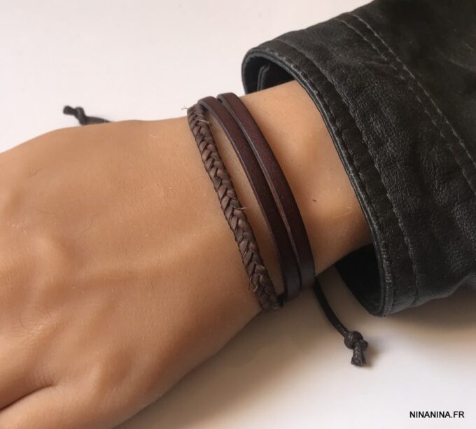 N2810e Bracelet cuir tressé et lisse 3 rangs - Bijoux Bracelets en ligne Ninanina