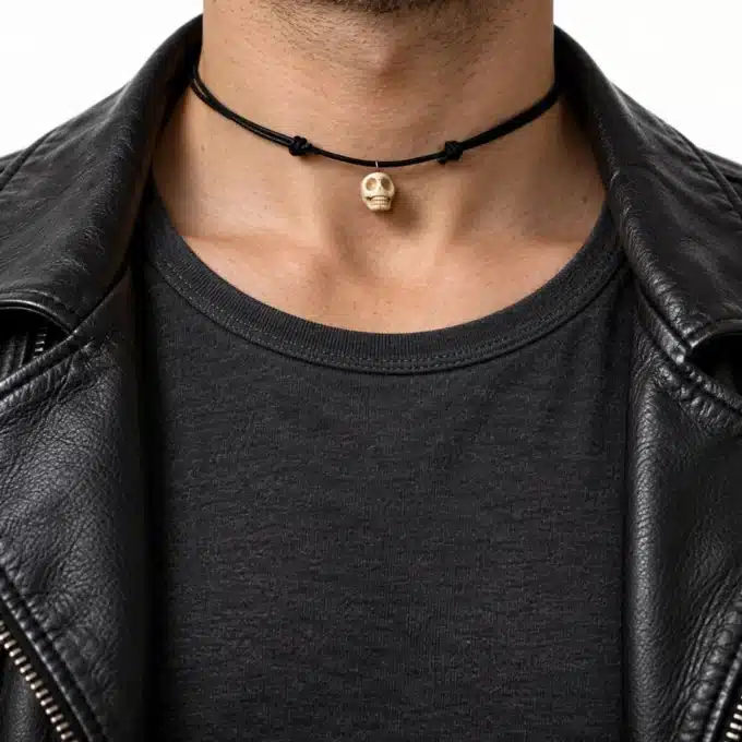 N2842a Collier homme pendentif tête de mort blanche cordon cuir - Bijoux colliers hommes en ligne Ninanina