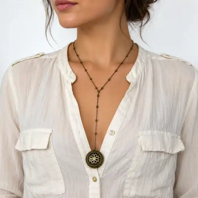 N2844 Collier fantaisie femme en Y pendentif porte-photo métal bronze - Bijoux colliers femmes en ligne Ninanina