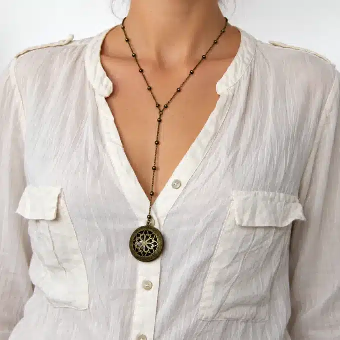 N2844a Collier fantaisie femme en Y pendentif porte-photo métal bronze - Bijoux colliers femmes en ligne Ninanina