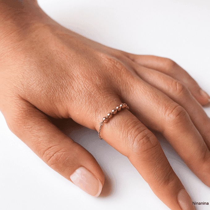 N2878A Bague chaine perle artisanale pour femme - boules en plaqué or 14 carats gold filled - Bijoux bagues orf en ligne NINANINA