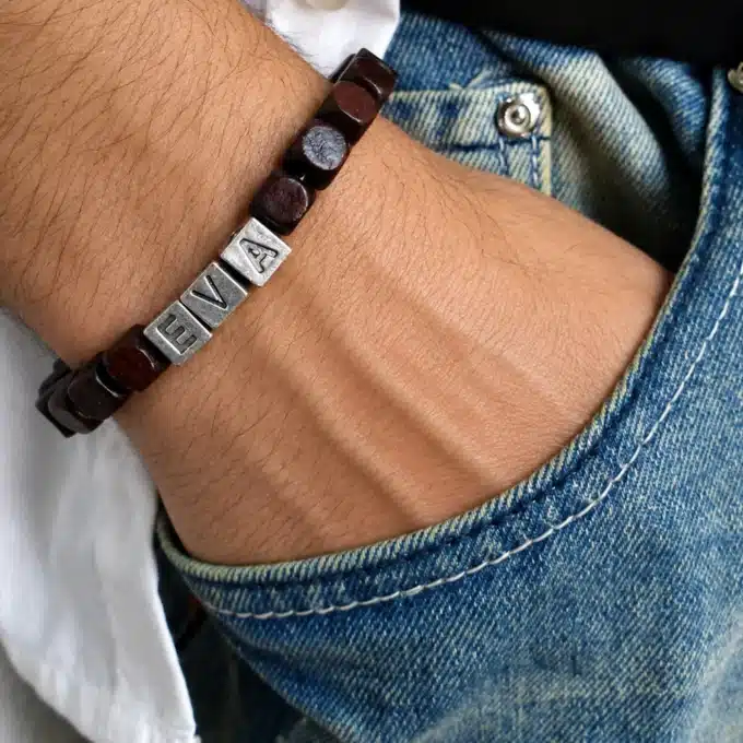 N2883 Bracelet bois personnalisé perles carrées homme - Bijoux bracelets hommes en ligne Ninanina