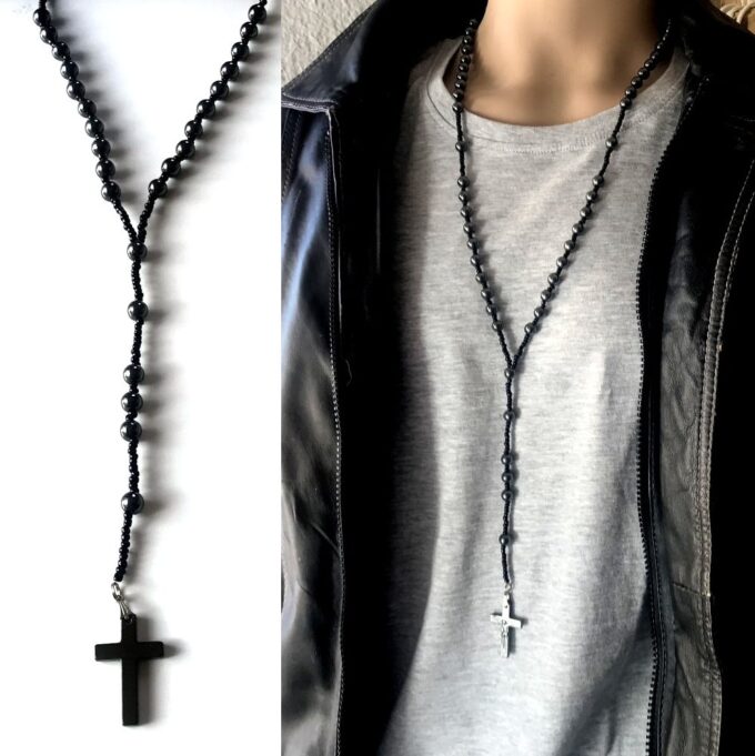 N2892 Chapelet hematite homme croix perles noires - Bijoux Colliers en ligne Ninanina