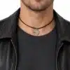 N2894 Collier bresil homme pendentif acier inoxydable argenté cordon cuir - Bijoux colliers hommes en ligne Ninanina