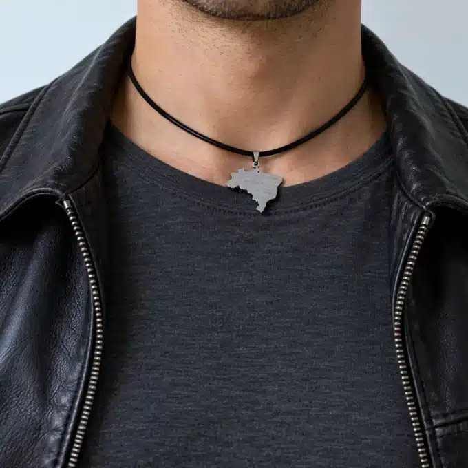 N2894a Collier bresil homme pendentif acier inoxydable argenté cordon cuir - Bijoux colliers hommes en ligne Ninanina