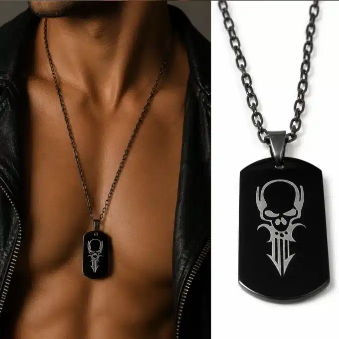 N2899 Collier homme long pendentif tête de mort Acier noir - Bijoux colliers hommes en ligne Ninanina