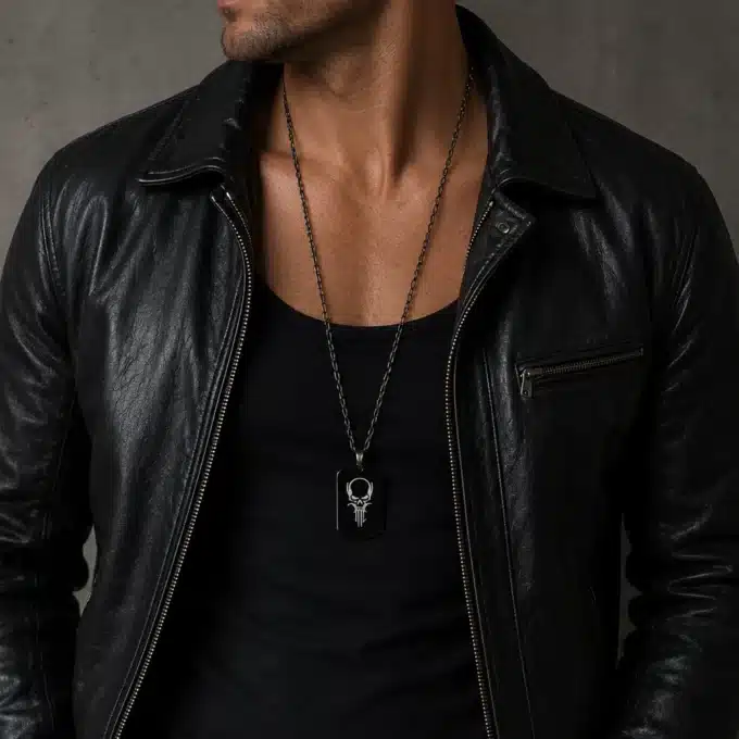N2899a Collier homme long pendentif tête de mort Acier noir - Bijoux colliers hommes en ligne Ninanina