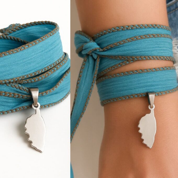 N2917 Bracelet lacet soie lavée turquoise pendentif corse Acier inoxydable - Bijoux Bracelets boheme chic en ligne Ninanina