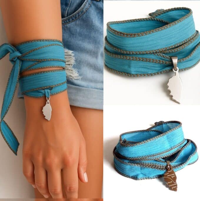N2917c Bracelet lacet soie lavée turquoise pendentif corse Acier inoxydable - Bijoux Bracelets boheme chic en ligne Ninanina