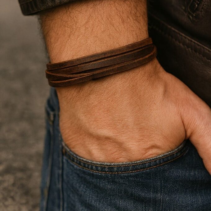 N2923 Bracelet homme cuir tressé multi liens marron réglable avec noeud coulissant - Bijoux Bracelets hommes en ligne Ninanina