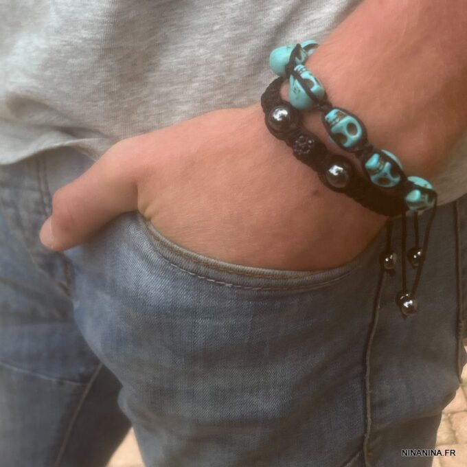 N2929b Bracelet shamballa tête de mort howlite turquoise - Bijoux Bracelets en ligne Ninanina