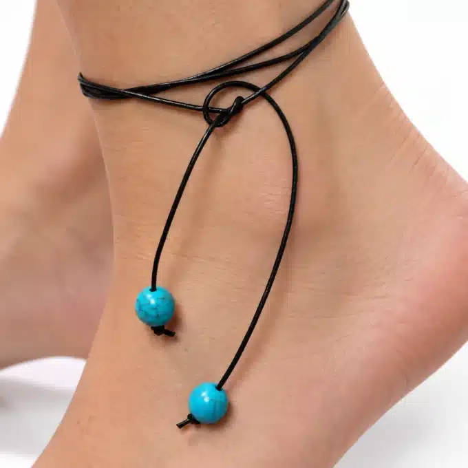 N2941 Bracelet de cheville femme cuir et perle howlite turquoise - Bijoux de pieds en ligne Ninanina