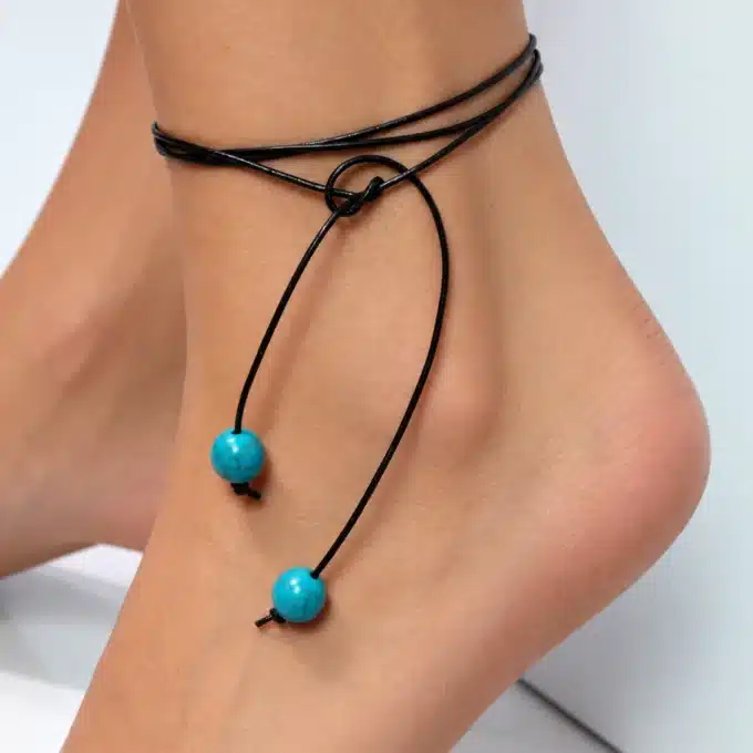 N2941a Bracelet de cheville femme cuir et perle howlite turquoise - Bijoux de pieds en ligne Ninanina