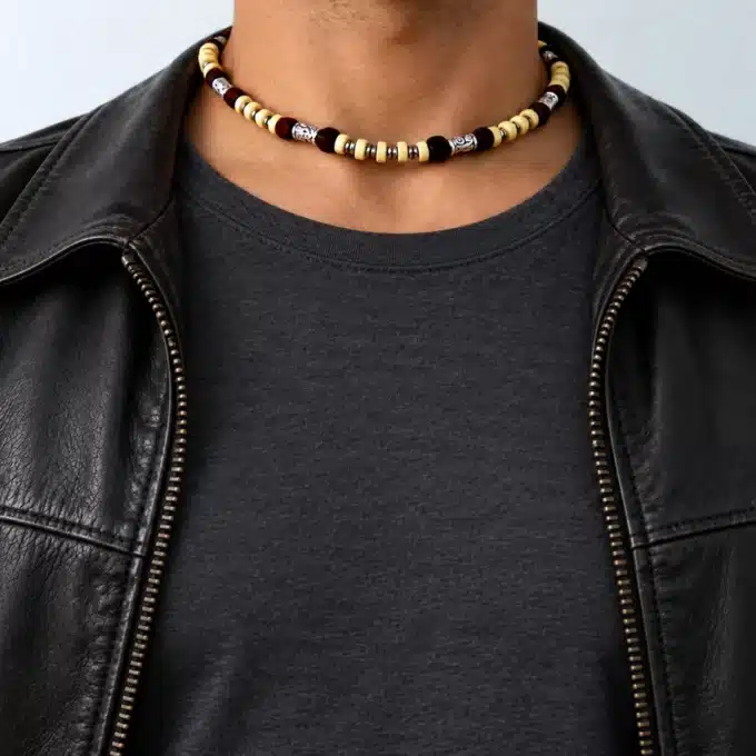 N2944a Collier homme perles de bois argentées marron et blanches - Bijoux colliers hommes en ligne Ninanina