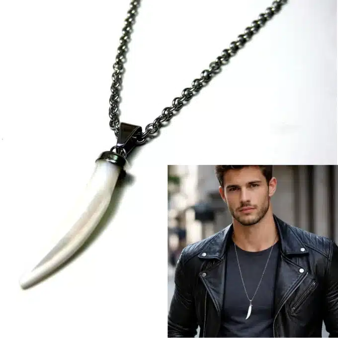 N2945a Collier long artisanal pour homme - pendentif dent de tigre en nacre et Acier inoxydable argenté - Bijoux colliers hommes en ligne Ninanina
