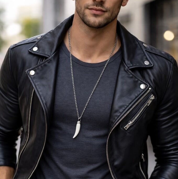 N2945c Collier long artisanal pour homme - pendentif dent de tigre en nacre et Acier inoxydable argenté - Bijoux colliers hommes en ligne Ninanina