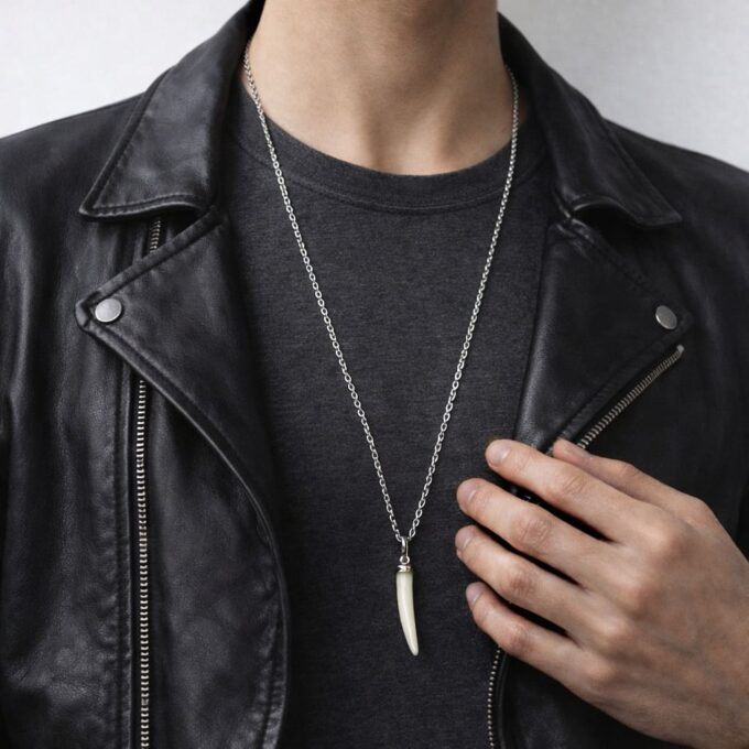 N2945e Collier long artisanal pour homme - pendentif dent de tigre en nacre et Acier inoxydable argenté - Bijoux colliers hommes en ligne Ninanina