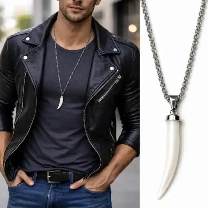 N2945f Collier long artisanal pour homme - pendentif dent de tigre en nacre et Acier inoxydable argenté - Bijoux colliers hommes en ligne Ninanina