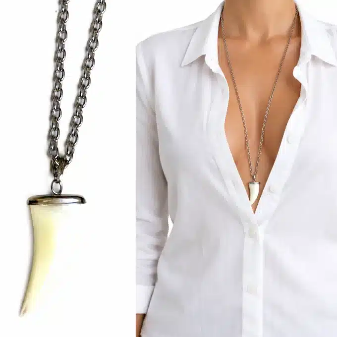 N2946a Collier homme long acier pendentif dent de requin nacre blanche - Bijoux colliers en ligne Ninanina