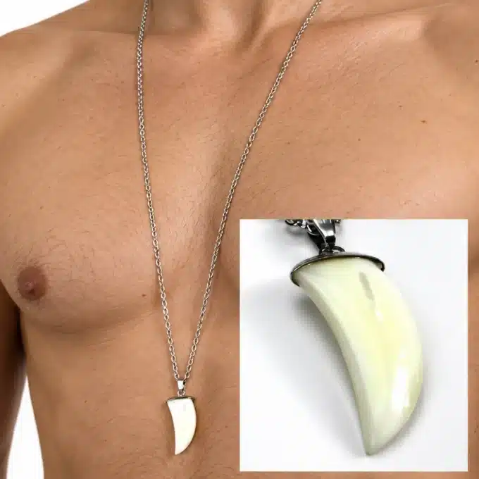 N2946b Collier homme long acier pendentif dent de requin nacre blanche - Bijoux colliers en ligne Ninanina