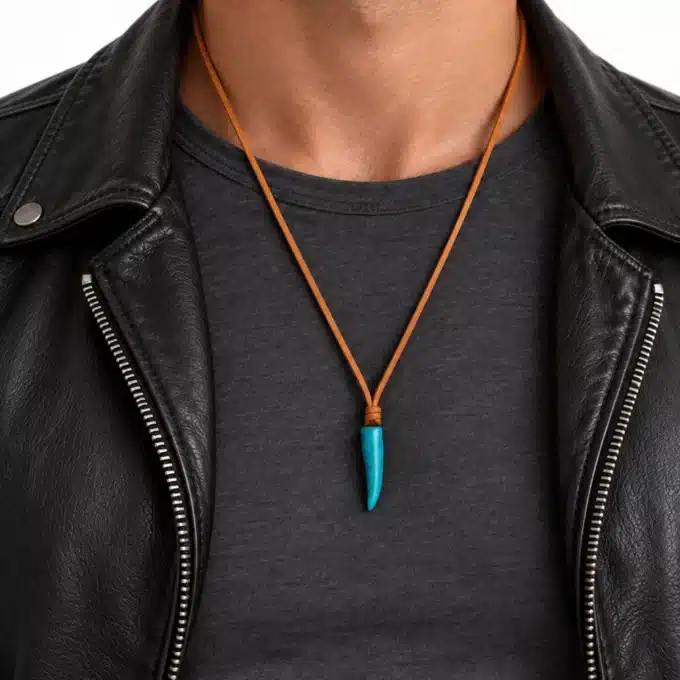 N2960a Collier pendentif corne turquoise homme lacet cuir naturel - Bijoux colliers hommes en ligne Ninanina