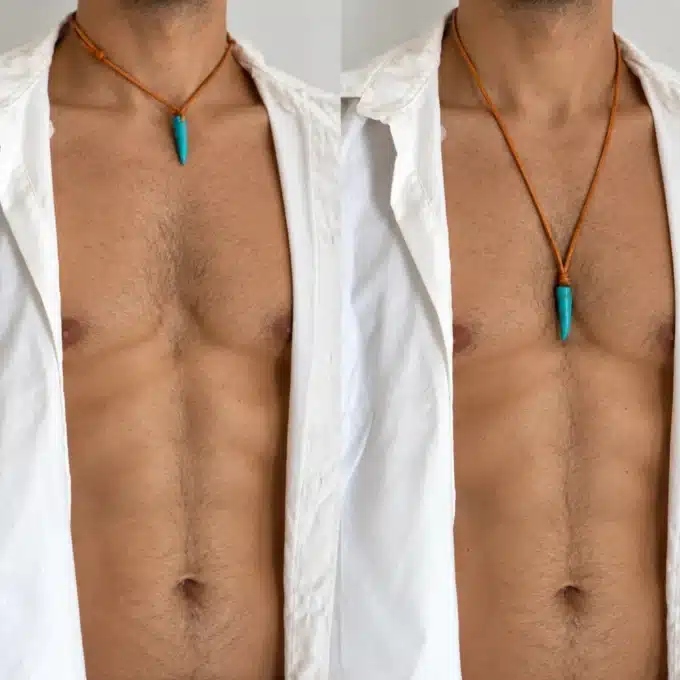N2960b Collier pendentif corne turquoise homme lacet cuir naturel - Bijoux colliers hommes en ligne Ninanina