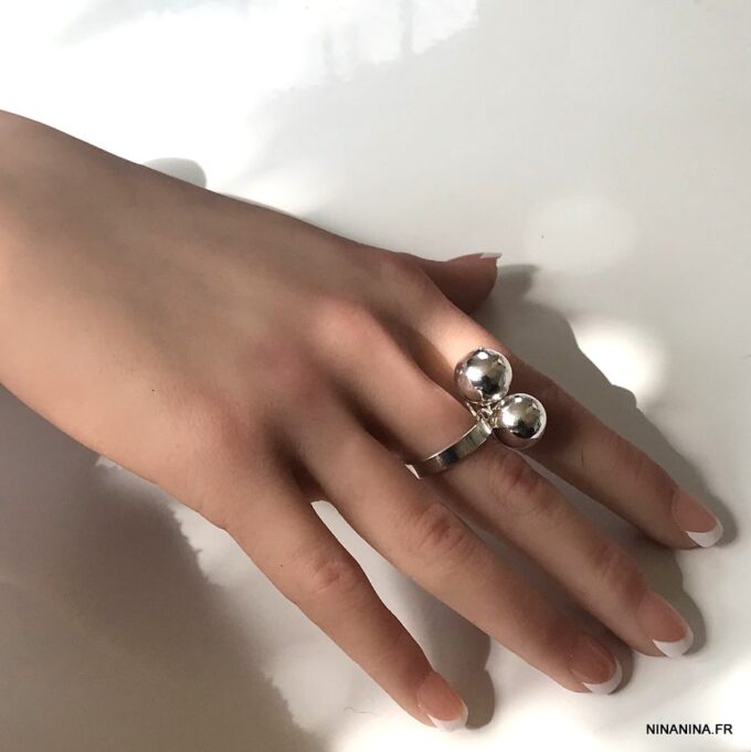 N2962a Bague boules 12mm plaqué argent ajustable - Bijoux Bagues en ligne Ninanina