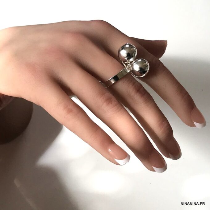 N2962b Bague boules 12mm plaqué argent ajustable - Bijoux Bagues en ligne Ninanina