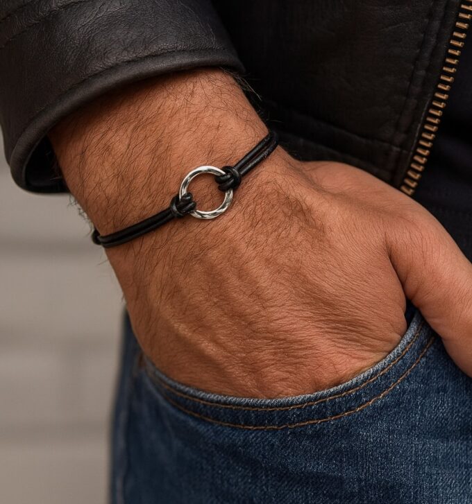 N2979 Bracelet anneau Argent 925 massif martelé homme cordon artisanal - Bijoux Bracelets hommes en ligne Ninanina