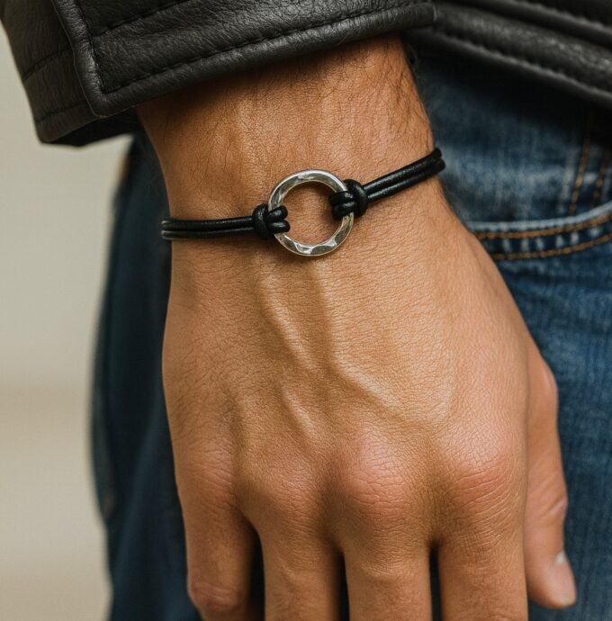 N2979a Bracelet anneau Argent 925 massif martelé homme cordon artisanal - Bijoux Bracelets hommes en ligne Ninanina