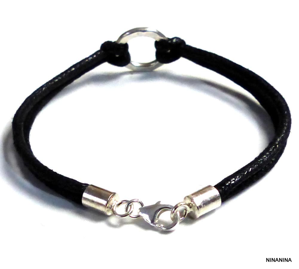 Bracelet anneau Argent 925 massif martelé homme cordon artisanal – Image 7