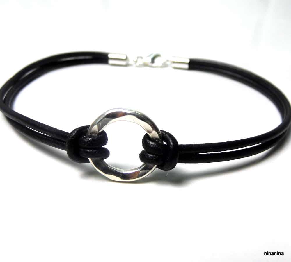 Bracelet anneau Argent 925 massif martelé homme cordon artisanal – Image 4